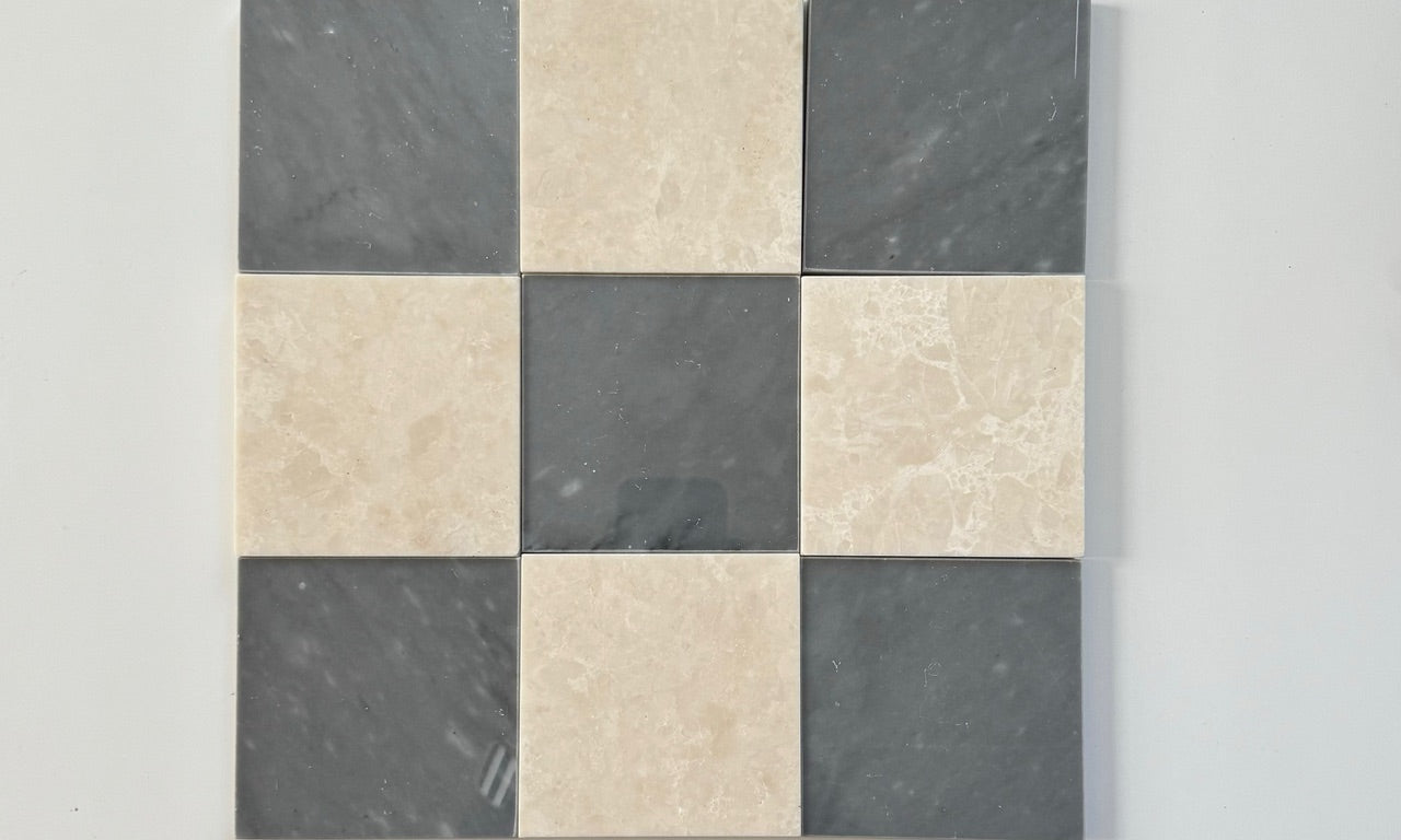 blue and creamy beige checkerboard style marble tiles