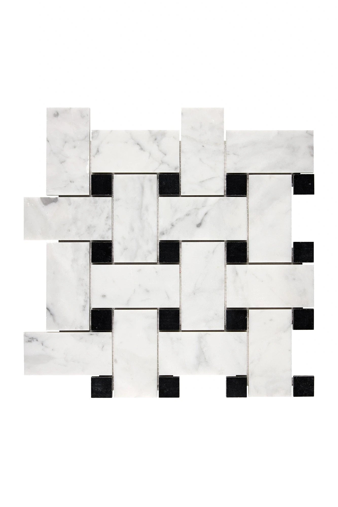 Bianco Carrara large basketweave mosaic tile with black dots.