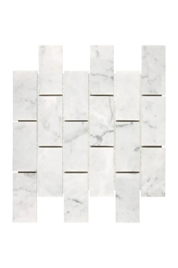 Bianco Carrara Marble 2x4 mosaic tile with white and grey veining.