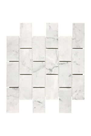 Bianco Carrara Marble 2x4 mosaic tile with white and grey veining.