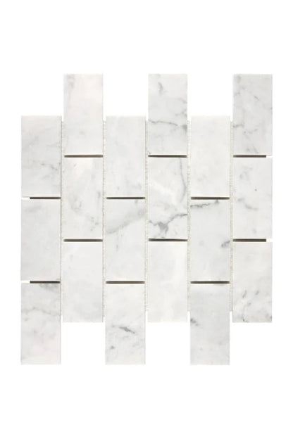 Bianco Carrara Marble 2x4 mosaic tile with white and grey veining.