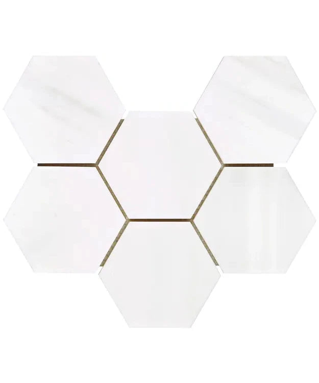 Bianco Dolomite 4-inch hexagonal mosaic tile in white marble, ideal for modern bathroom, kitchen, and accent wall designs.