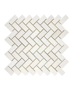 Bianco Dolomite 1x2 Herringbone Mosaic polished white marble tile pattern.