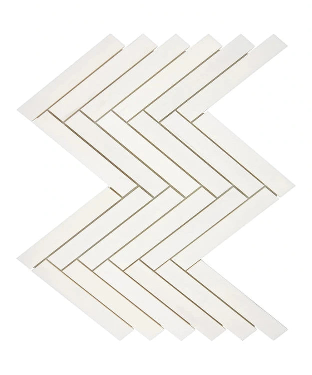 Bianco Dolomite 1x6 Herringbone Mosaic polished white marble tile pattern.