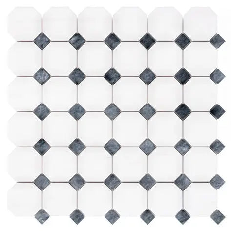 Bianco Dolomite octagon mosaic with blue-gray accent dots.