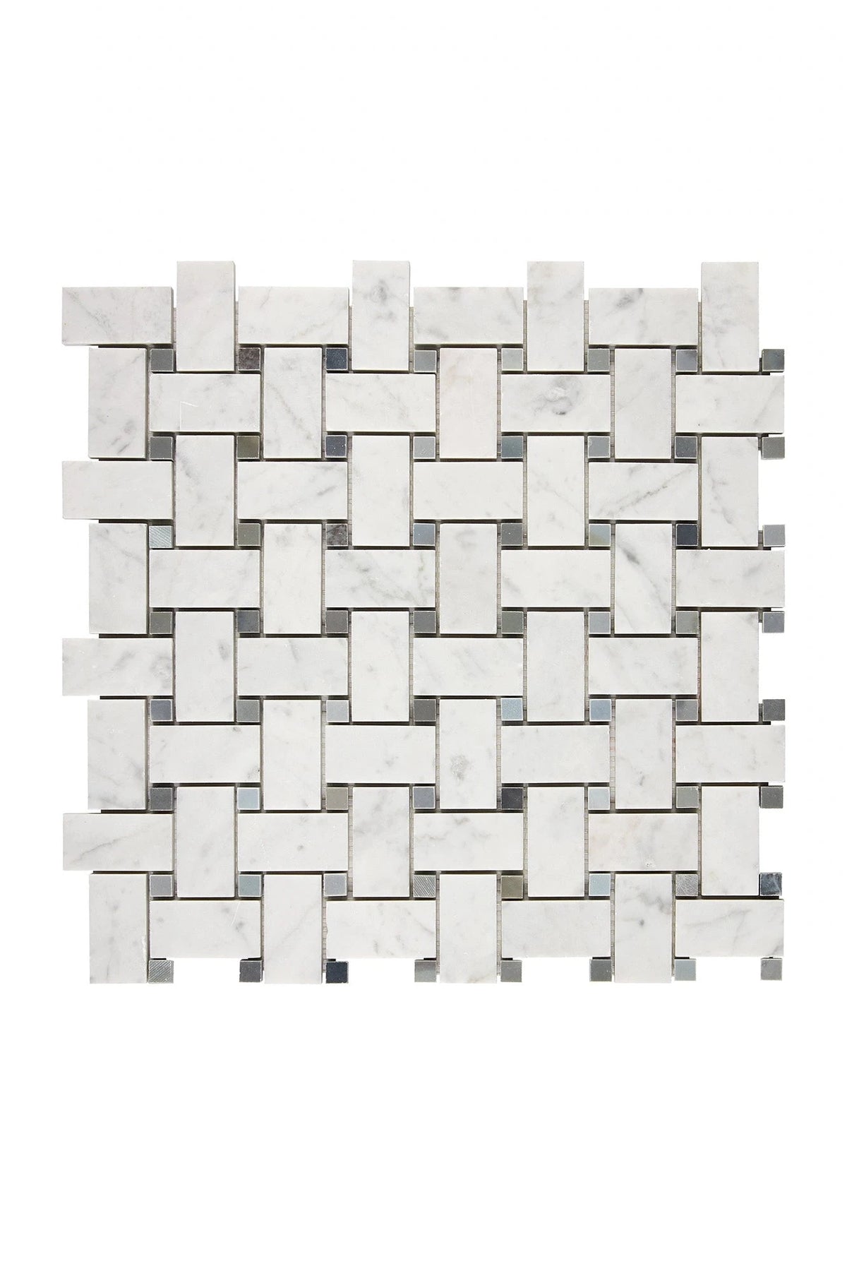 Carrara White Gioia basketweave mosaic with blue-gray dots in polished or honed finish.