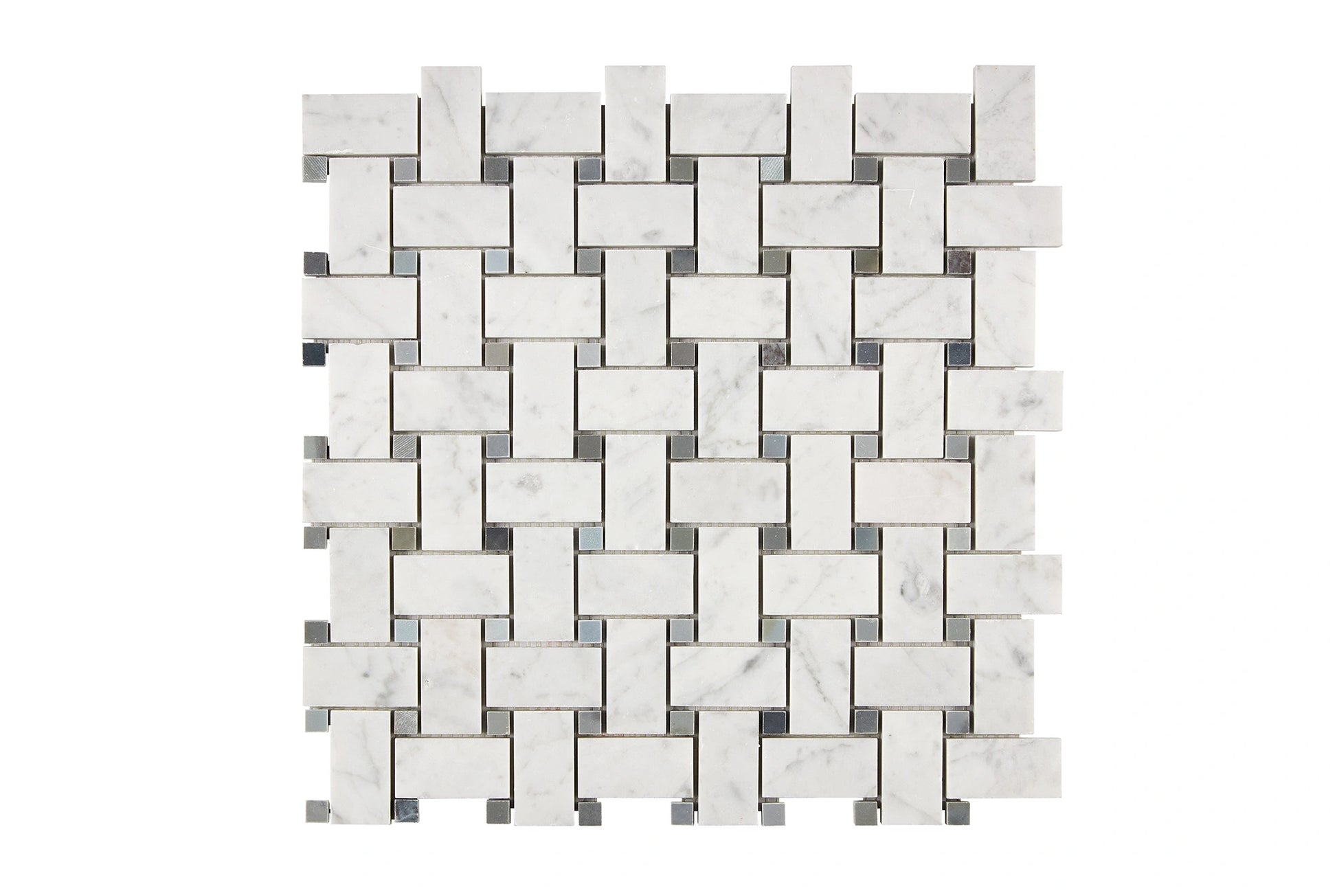 carrara white gioia marble basketweave mosaic with blue dotss