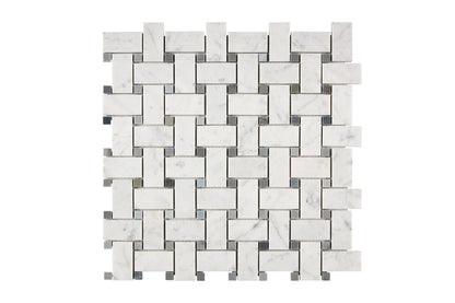 carrara white gioia marble basketweave mosaic with blue dotss