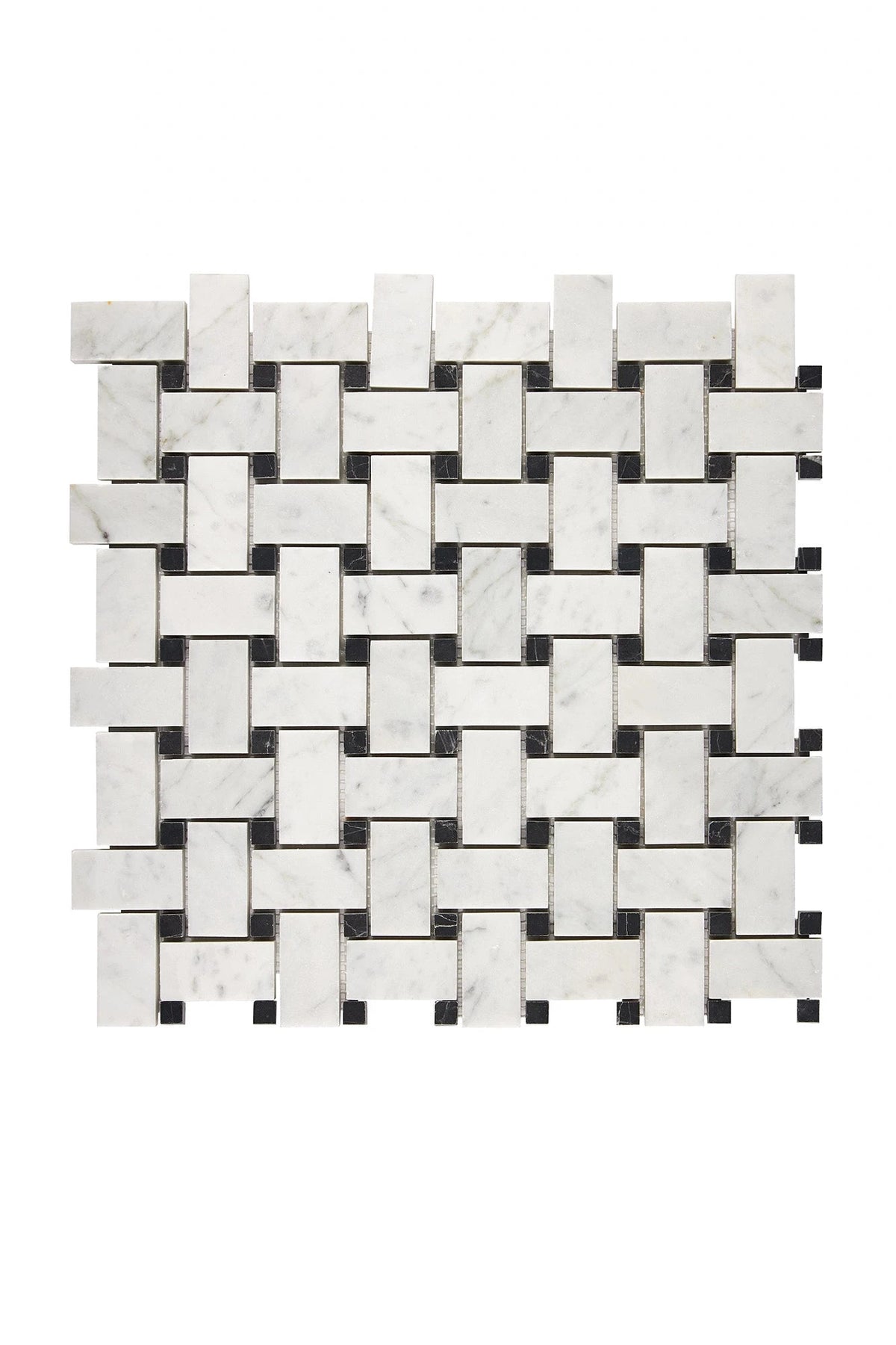 Carrara White Gioia basketweave mosaic with black dots in polished or honed finish.