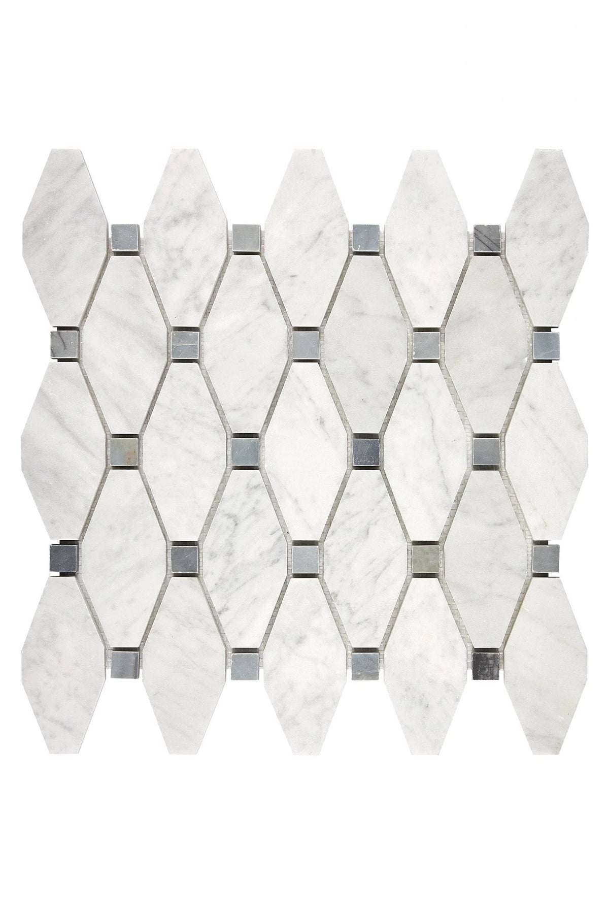 Carrara White Gioia elongated hexagon mosaic with blue-gray dots in polished or honed finish.