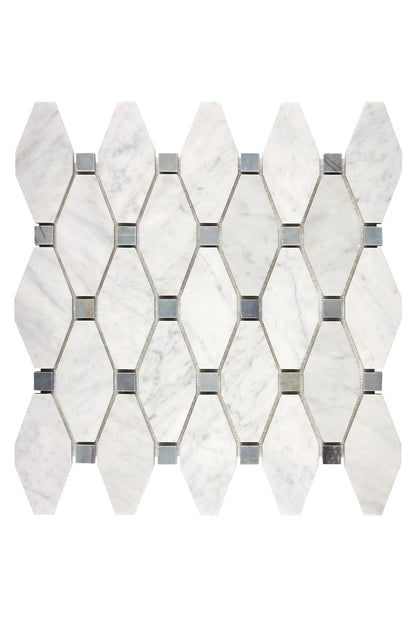 Carrara White Gioia Marble Elongated Hexagon Blue Mosaic - mosaic  