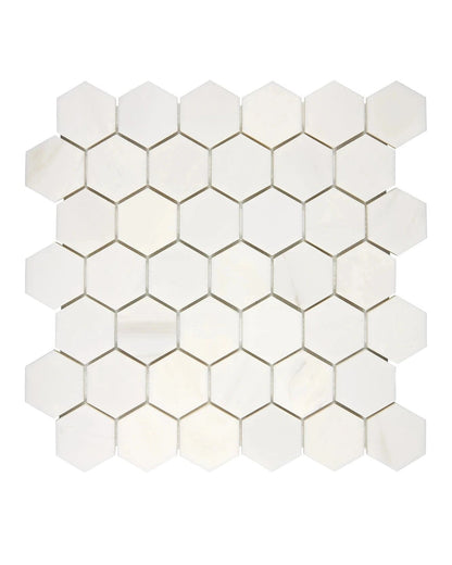 Hexagon Mosaic 2” Polished or Honed: A modern hexagon mosaic tile made of Bianco Dolomite marble, featuring a 2” hexagonal shape with clean white tones, perfect for bathroom floors, showers, or accent walls.