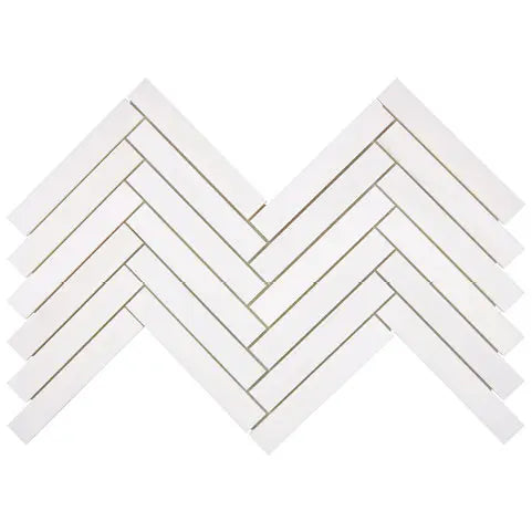 Bianco Dolomite 1x6 polished herringbone mosaic tile for luxurious kitchen backsplashes and shower walls.