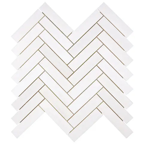 Bianco Dolomite 1x4 polished herringbone mosaic tile for elegant kitchen backsplashes and shower walls.