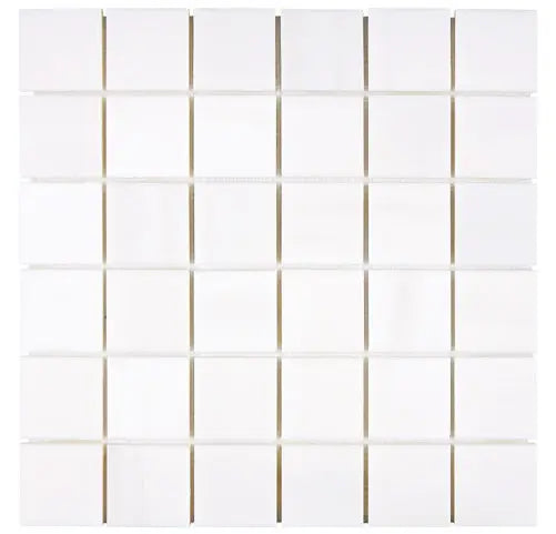 Bianco Dolomite 2 x 2 polished marble mosaic tile for elegant kitchen backsplashes and bathroom walls.