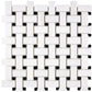 Bianco Dolomite basketweave polished mosaic with black dots for elegant kitchen backsplashes and bathroom walls.