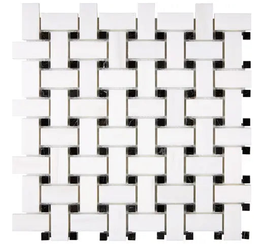 Bianco Dolomite basketweave polished mosaic with black dots for elegant kitchen backsplashes and bathroom walls.
