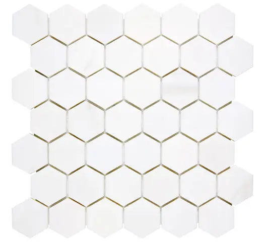 Bianco Dolomite 2-inch polished hexagonal marble mosaic tile for kitchen backsplashes and shower floors.