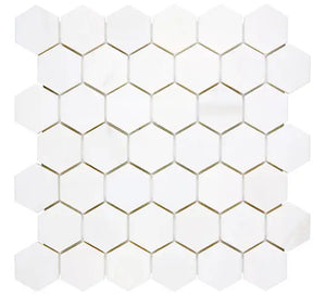 Bianco Dolomite marble 2-inch hexagon mosaic showing white and gray veining.