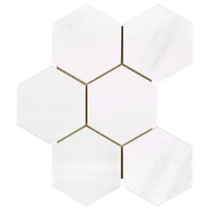 Bianco Dolomite 4-inch polished hexagonal marble mosaic tile for modern kitchen backsplashes and shower floors.