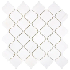 Bianco Dolomite honed arabesque marble mosaic.