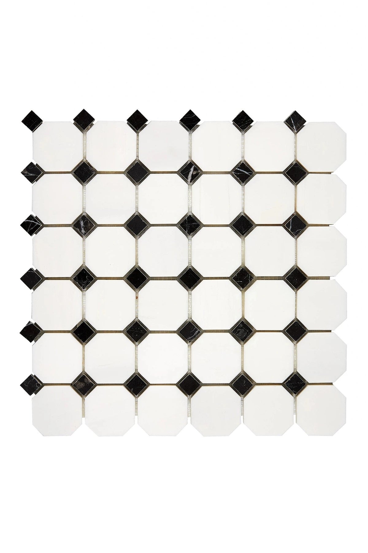 Bianco Dolomite octagon marble mosaic with black dots in polished or honed finish.