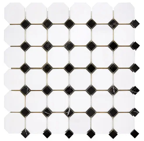 Bianco Dolomite octagon marble mosaic with black dots.