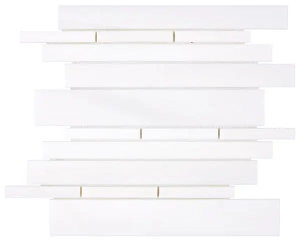 Bianco Dolomite polished random strip mosaic tile for elegant kitchen backsplashes and bathroom walls.