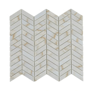 White Glass Chevron mosaic tile from the Blended Elegance Collection, adding timeless charm to a kitchen backsplash.