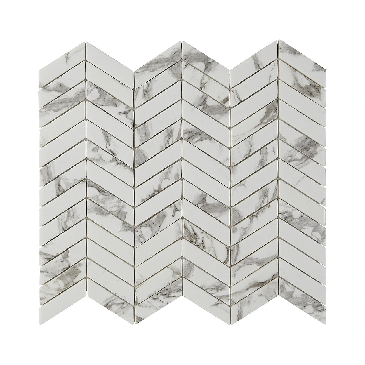 Carrara White Glass Chevron mosaic tile from the Blended Elegance Collection, adding timeless charm to a kitchen backsplash.