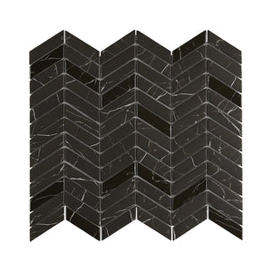 Blended Elegance Nero Marquina pressed-glass chevron mosaic sheet.