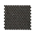 Black Glass Penny-Round mosaic tile installed as a bold feature wall in a contemporary living space.