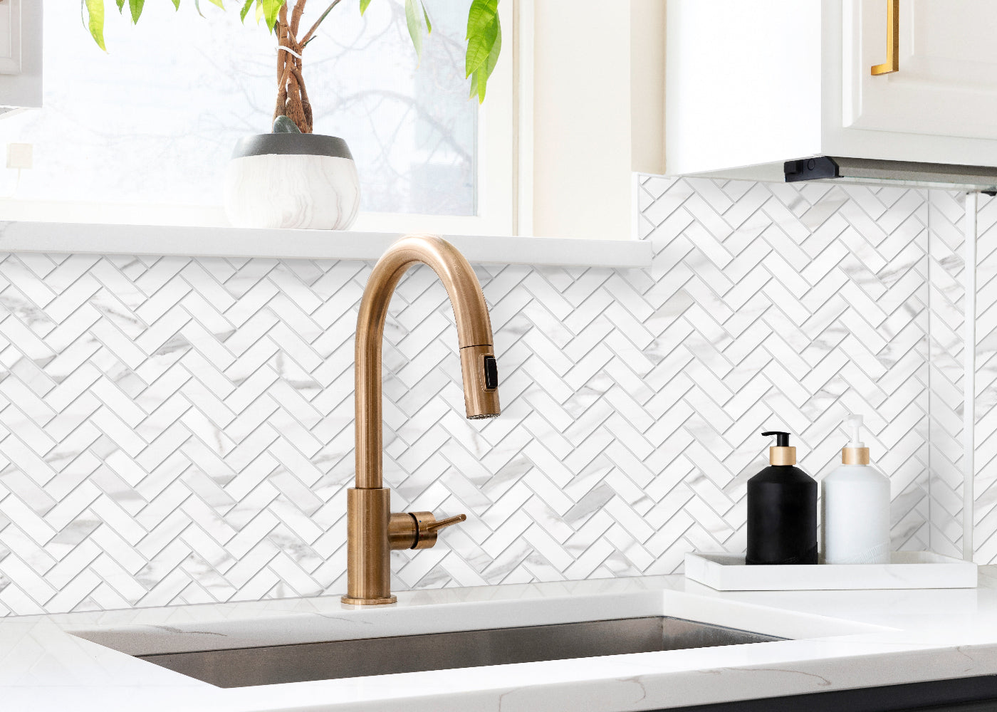 Timeless Elegance Marble Inspired Mosaic Collection: Imperial Calacatta Herringbone Mosaic kitchen backsplash