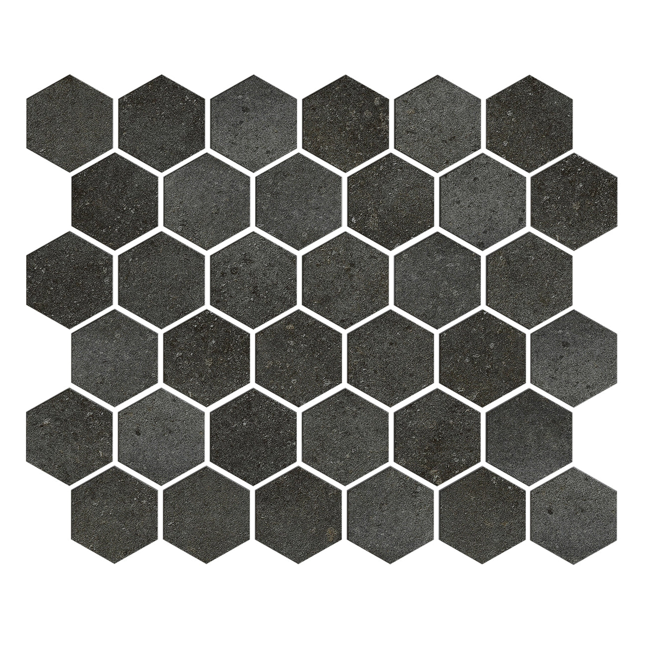 Charcoal Steel 2 inch hexagonal mosaic porcelain tile with a contemporary concrete aesthetic.