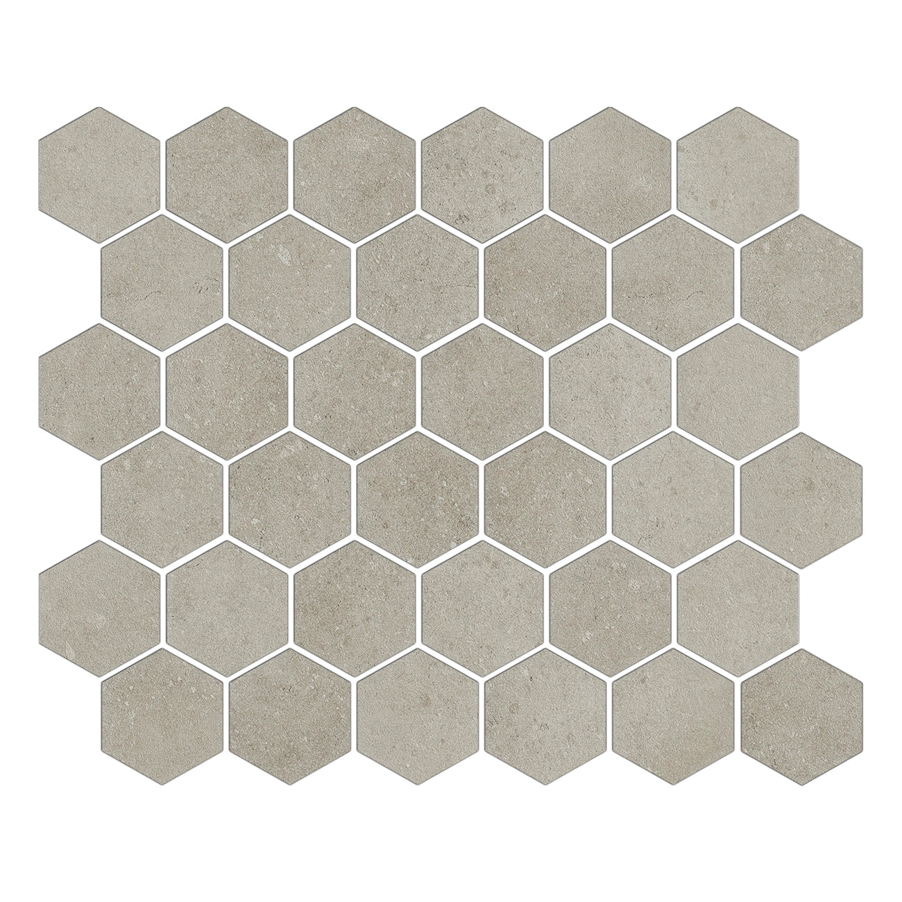 Warm Patina 2 inch hexagon mosaic  porcelain tile with a contemporary concrete aesthetic.