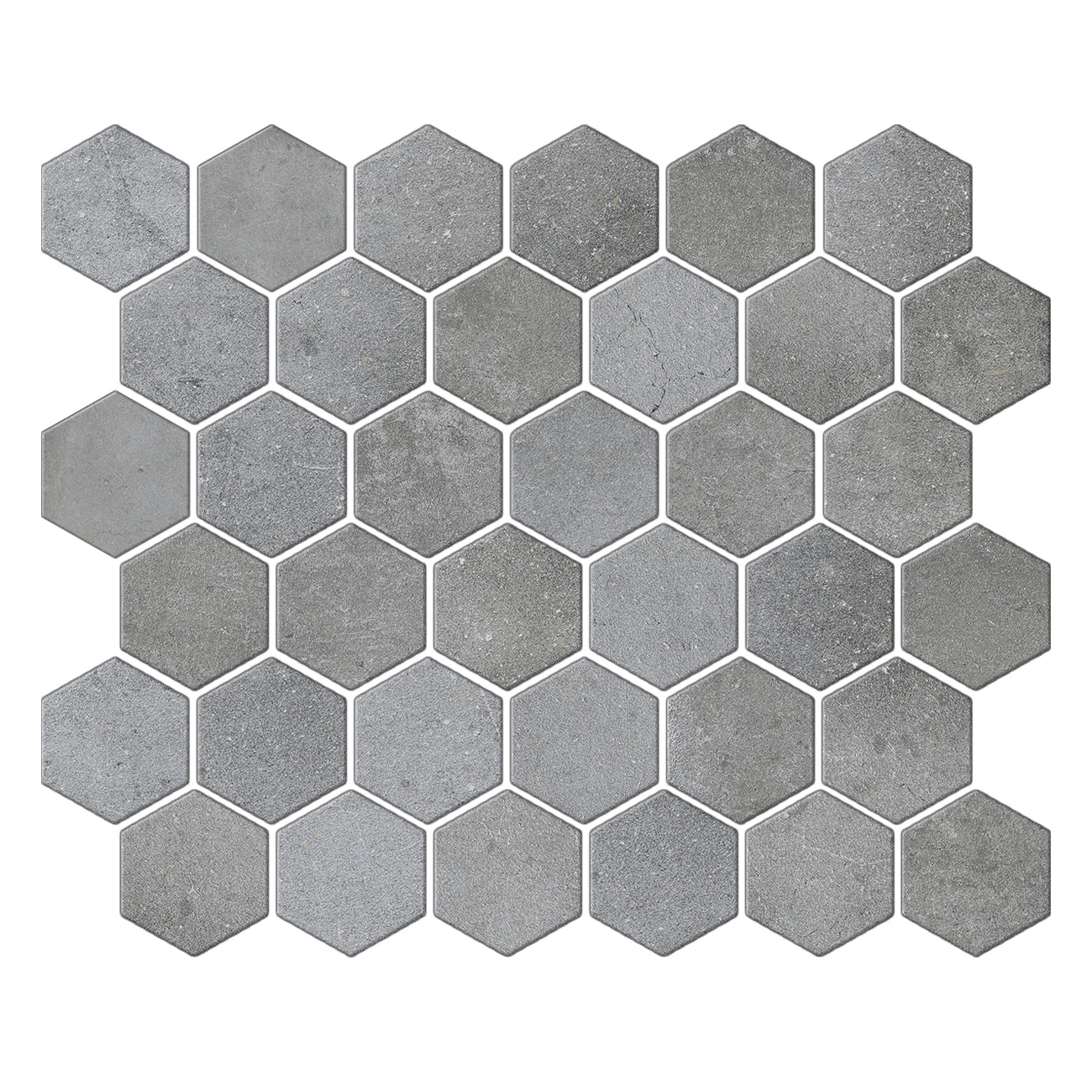 Ash Pewter hexagon mosaic tile, perfect for shower floors and accent walls