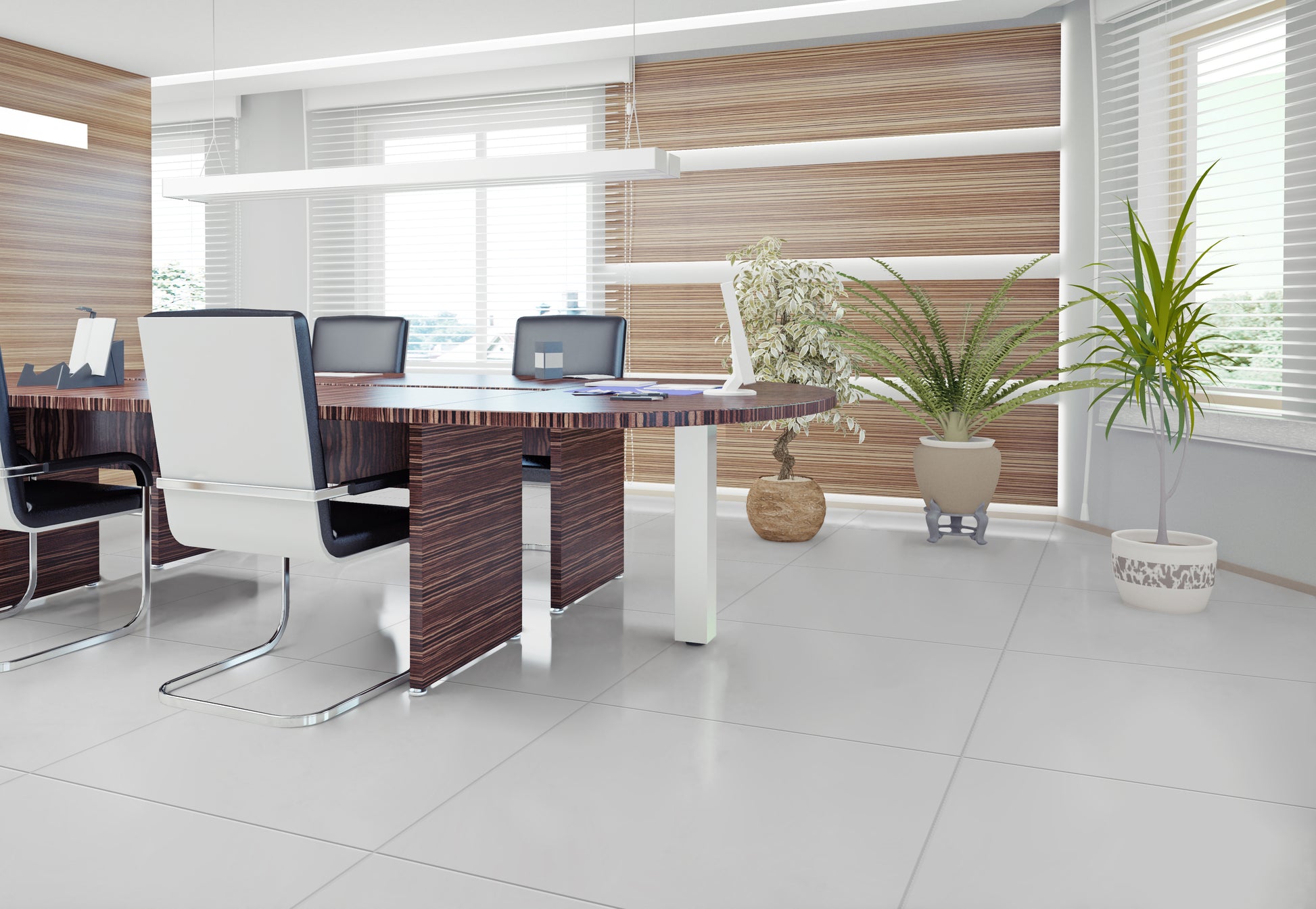 Essentials Glazed Porcelain Tile: Office floor scene in 24x24 Crystal White color