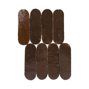 Nine oval-shaped brown zellige mosaic tiles arranged in a 3x3 grid on a white background