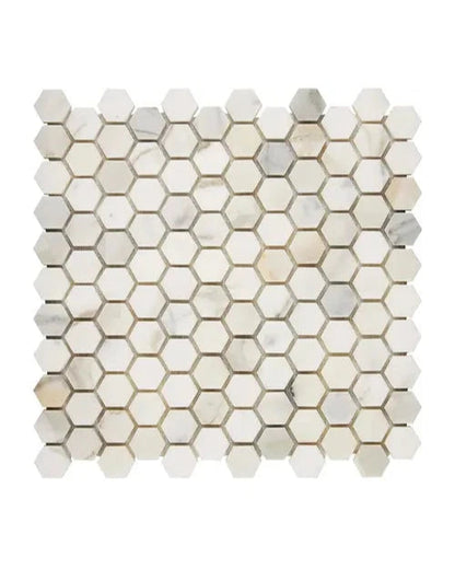 Calacatta Gold Marble Mosaic 1 Inch Hexagon Tile with polished finish, white marble with golden veining.