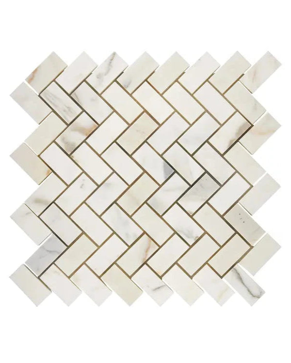 Calacatta Gold Marble 1x2 Herringbone Mosaic Tile, polished finish, white with gold veining, ideal for backsplashes and accent walls.