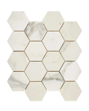 Calacatta Gold Marble 3-inch Hexagon Mosaic Tile, polished finish, white with gold veining, ideal for backsplashes, accent walls, and bathroom floors.