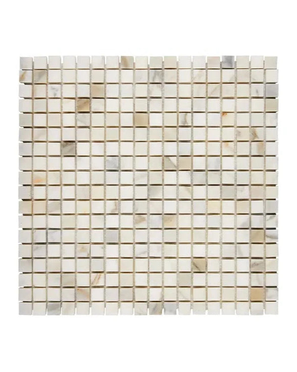 Calacatta Gold marble ⅝×⅝ mosaic in polished or honed finish.