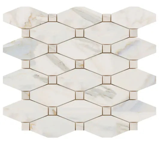 Calacatta Gold Marble Elongated Hexagon Mosaic – Polished Finish – Luxury White & Gold Veining