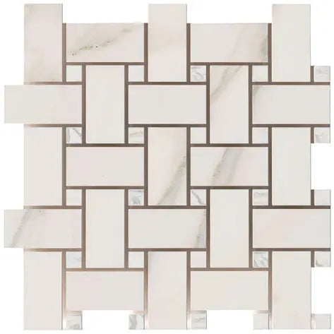 Calacatta Gold Marble Large Basketweave Mosaic – Polished Finish – Luxury White & Gold Veining