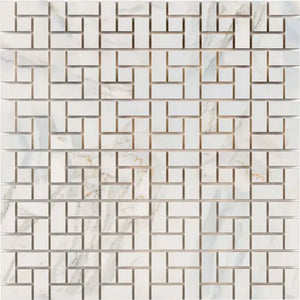 Calacatta Gold Marble Pinwheel Mosaic – Polished Finish – Luxury White & Gold Veining