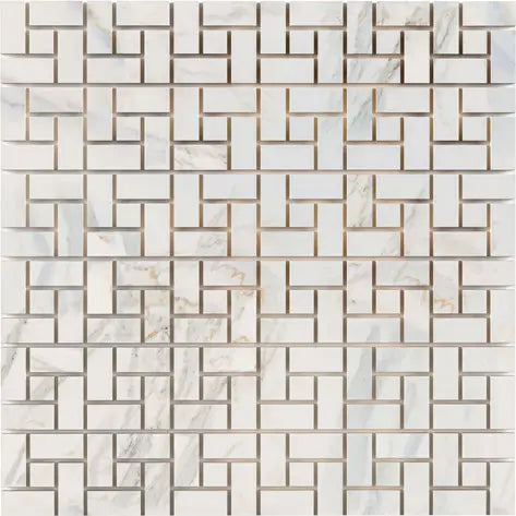 Calacatta Gold marble pinwheel mosaic in a single-stone configuration.