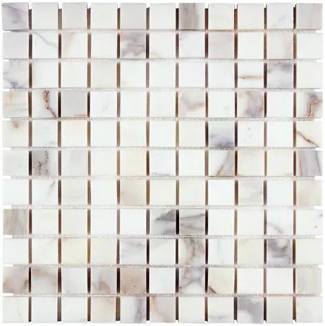 Calacatta Gold honed 1 x 1 mosaic tile for modern shower floors and decorative feature walls.