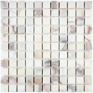 Calacatta Gold honed 1×1 square marble mosaic.