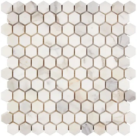 Calacatta Gold marble 1-inch hexagon mosaic with a honed finish.