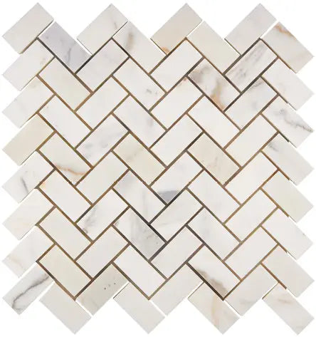 Calacatta Gold polished 1 x 2 herringbone marble mosaic for elegant kitchen backsplashes and bathroom walls.